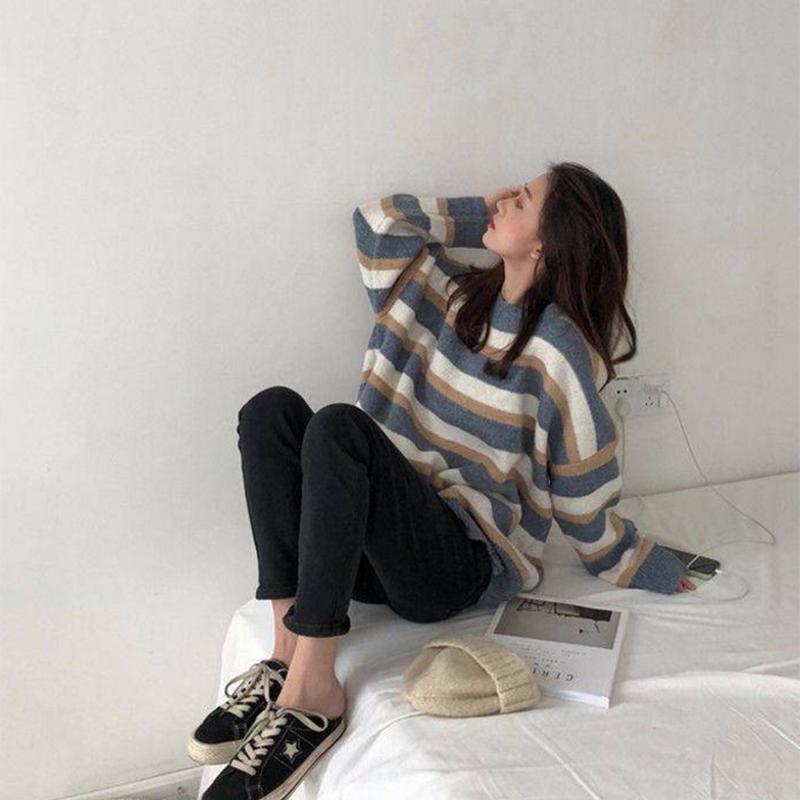 Pofulove Winter New Loose Contrast Striped Sweater Women's Sweatshirt Wild Bottoming Sweater