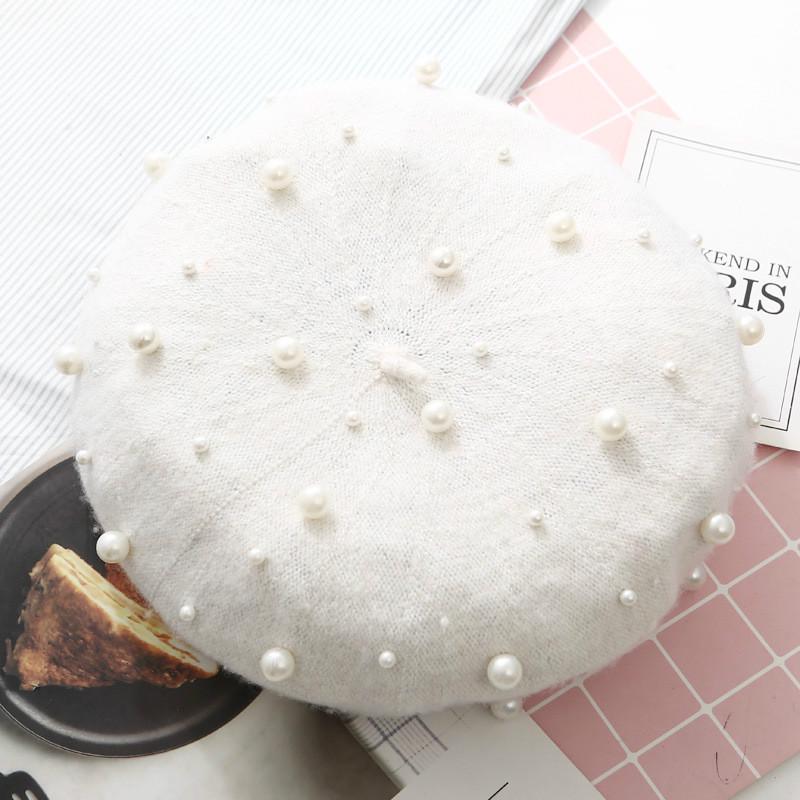 Women's Wool Beret Autumn Casual Pearl Rivet Solid Color Beret
