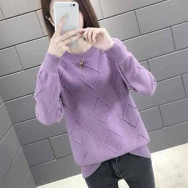 Fashion All-match Sweater Round Neck Loose Casual Bottoming Shirt Diamond Pattern Knitted Young Women's Top