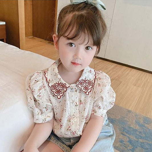 Children's Top Summer Thin Girl's Retro Style Shirt Floral Embroidery Bubble Sleeve Pleated Shirt