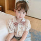 Children's Top Summer Thin Girl's Retro Style Shirt Floral Embroidery Bubble Sleeve Pleated Shirt