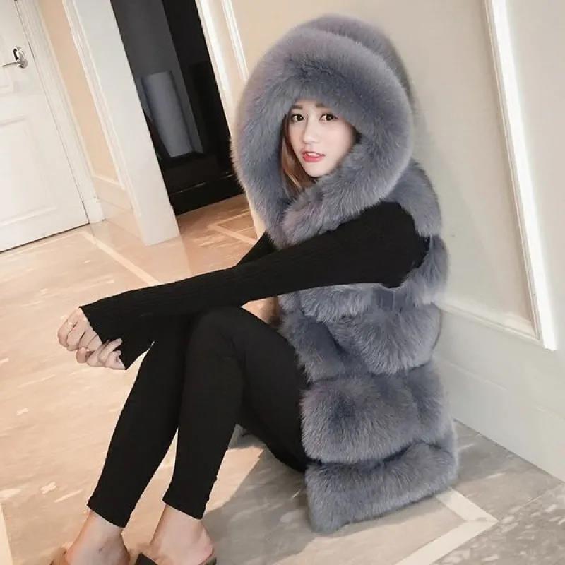 Faux Fur Vest Women's Mid-length Autumn and Winter New Style Hooded Thick Warm Fur Vest Stitching Jacket Women's Comfort and Softness