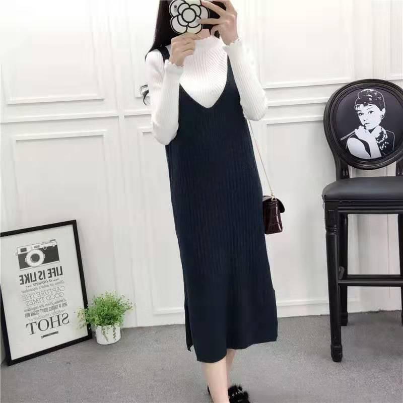 Autumn and Winter Loose Sleeveless Vest Skirt V-neck Mid-length Sweater Skirt Fashion Simple Female Vest Dress
