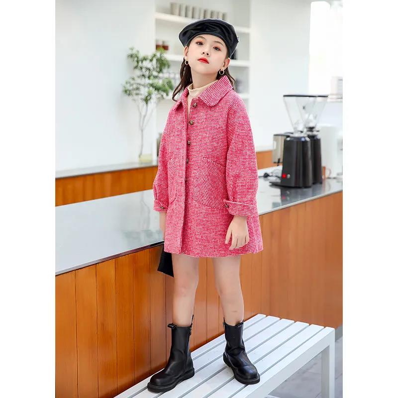 Girls' Woolen Windbreaker Jacket Mid-length Big Children's Autumn and Winter Clothes Korean Style Western Girls Thickened Children Woolen Coat
