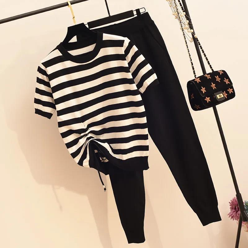 Two-piece Women's Casual Fashion Knitted Suit Striped Stitching Drawstring Short Sleeve + Knitted Pants Suit