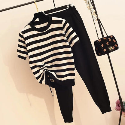 Two-piece Women's Casual Fashion Knitted Suit Striped Stitching Drawstring Short Sleeve + Knitted Pants Suit