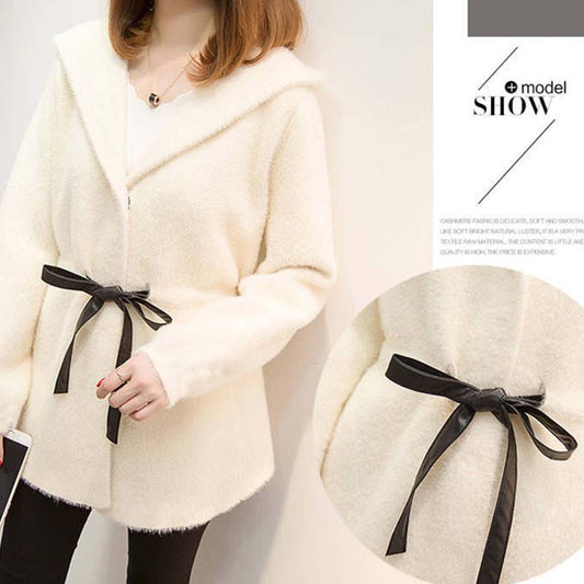 Autumn and Winter, Women's Casual Hooded Waist, Water Velvet Cardigan Net Red Knit Jacket Loose