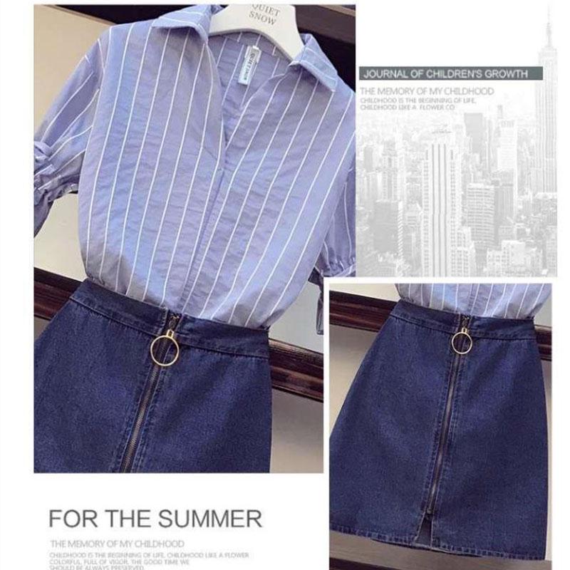 Pofulove 2 Piece Skirt Set Women Summer Half Sleeve Striped Shirt Denim Skirt Two Piece Set for Work