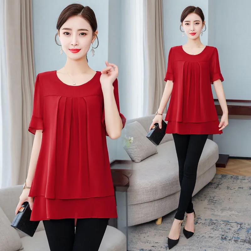 Women's Summer Chiffon Short Sleeve Large Size Round Neck Solid Color Loose T-Shirt