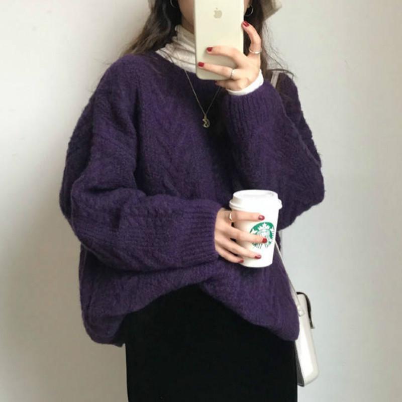 Pofulove Thick Solid Color Twist Sweater Female Students Winter Lazy Wind Loose Round Neck Wild Knitted Jacket