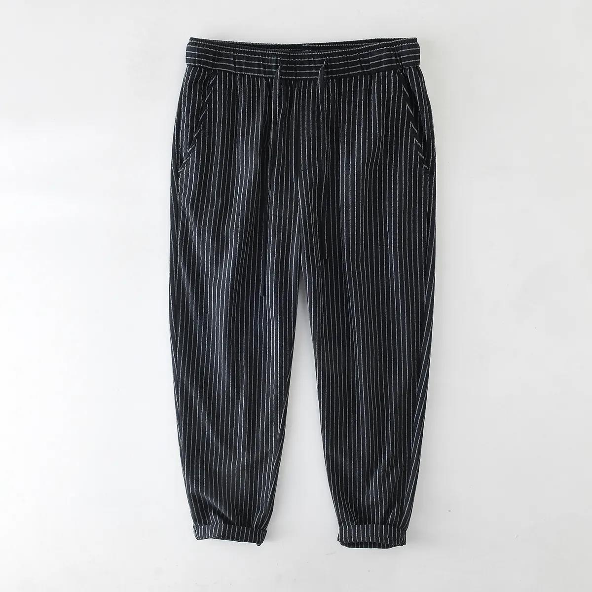 Striped Thin Elastic Waist Straight-leg Casual Cropped Trousers Men's Drawstring Youth Breathable Loose Trousers