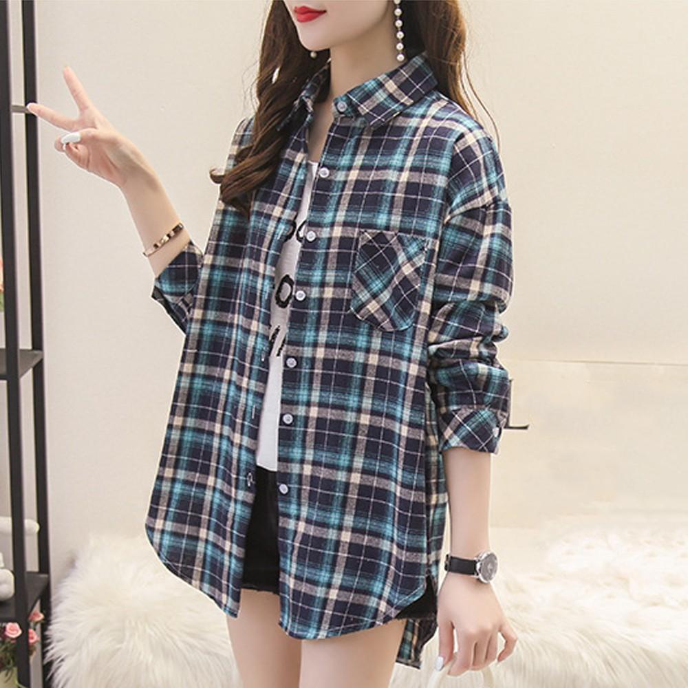 Women's Spring Summer Large Size Long Sleeve Shirts Female Vintage Loose Plaid Coats Turn Down Collar Button Tops Blouse