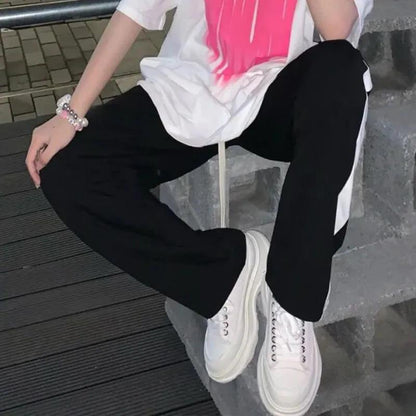 Black Bend Track Pants Women Loose Spring and Autumn Side Stripes Straight Casual Pants High Waist Pants Drape Wide-leg Pants