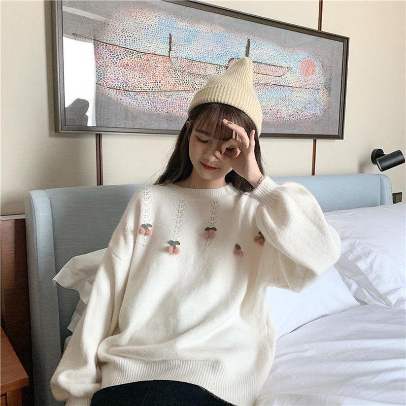Autumn  Winter Korean Version Sweet Three-dimensional Cherry Pullover Long-sleeved Sweater Sweater Women Loose Outer Wear