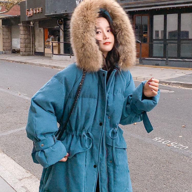 Cotton Jacket Female Winter Student Korean Style Loose Big Fur Collar Mid-length Bread Coat Cotton Jacket