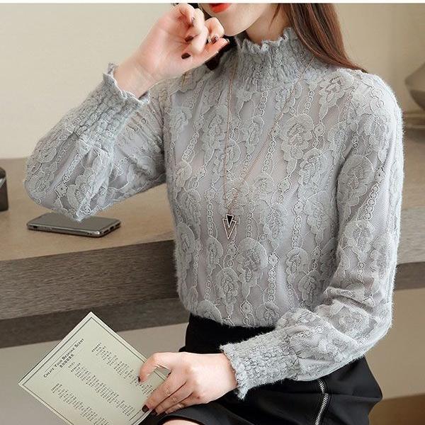 Genuine Fashion Trend Lace Bottoming Shirt Autumn and Winter Plus Velvet Thickening Warm High Neck Long Sleeve Women Sweater