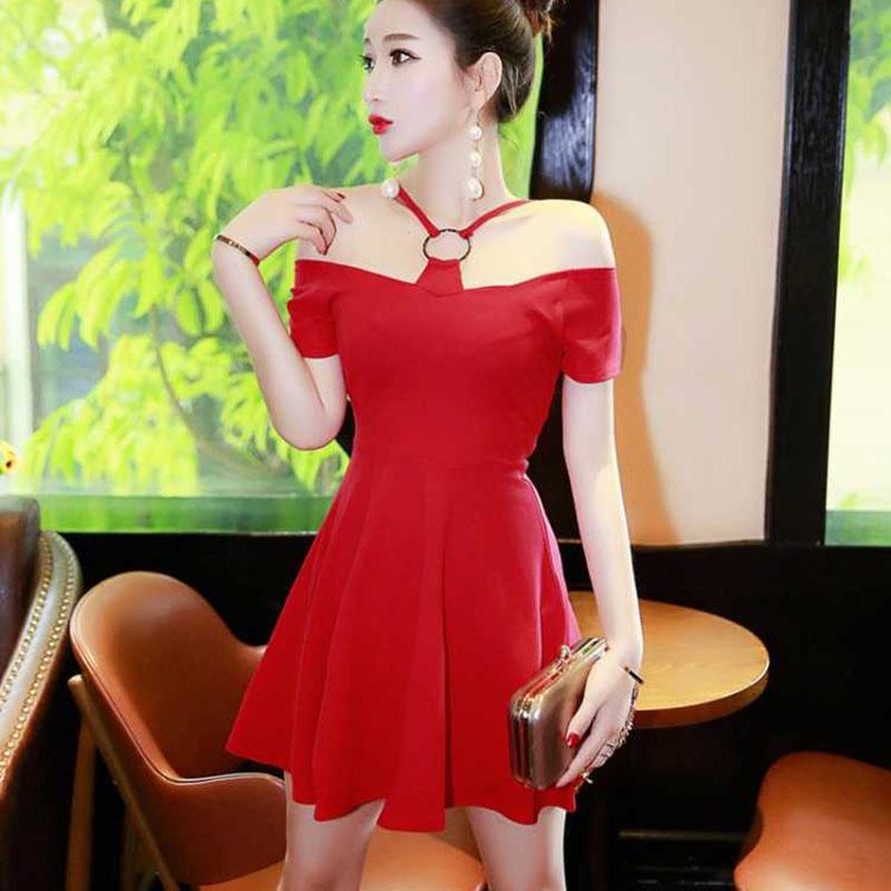 Summer Halter Strap Dress Slim Sexy Slash Neck Off Shoulder Dress Short Sleeve Dress