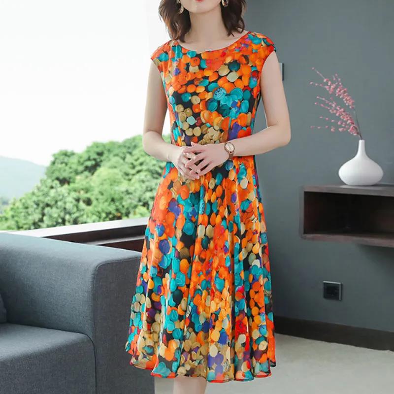 Printed Sleeveless Round Neck Dress Summer Loose Mid Length Women's Skirt