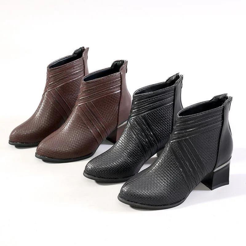 Woven Pattern Soft Leather Short Boots Women Autumn and Winter Martin Boots with Thick Heels and Comfortable All-match