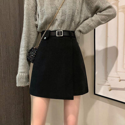 Woolen Cloth Women Sexy Tight A-line High Waist Hip Skirt Short Skirt Belt Split Fork Zipper Club Casual Home Office