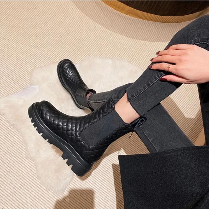 Fur Snow Boots Women's Thick-soled Plus Velvet Warm Cotton Boots In Tube Martin Boots Leather Back Zipper Diamond Short Boots