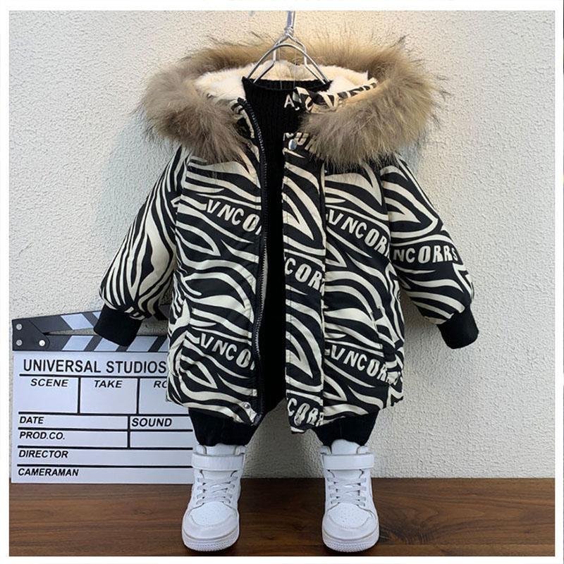 Boy's Winter Cotton-padded Jacket Baby Plus Velvet Jackets Children's Cotton-padded Coat Thick Cotton-padded Jacket Printed Trendy Hooded Top
