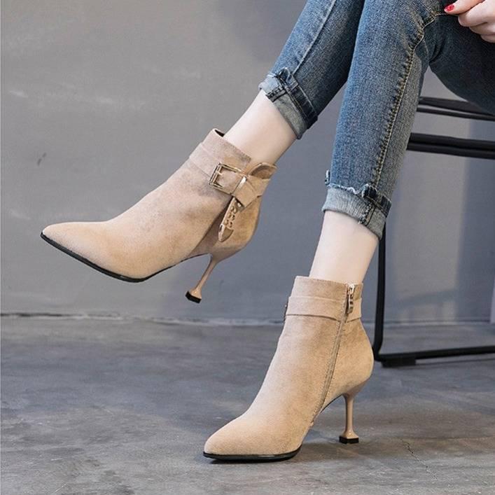 Autumn and Winter Ladies Pointed Toe High Heel Boots Flannel Upper Non-slip Wear-resistant Sole