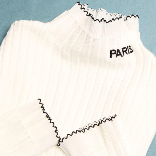 Women's Lace Collar High Neck Sweater Ladies Slim Sweet Letter Embroidery Knit Sweater Top Pullover Jumper Bottoming or Outwear