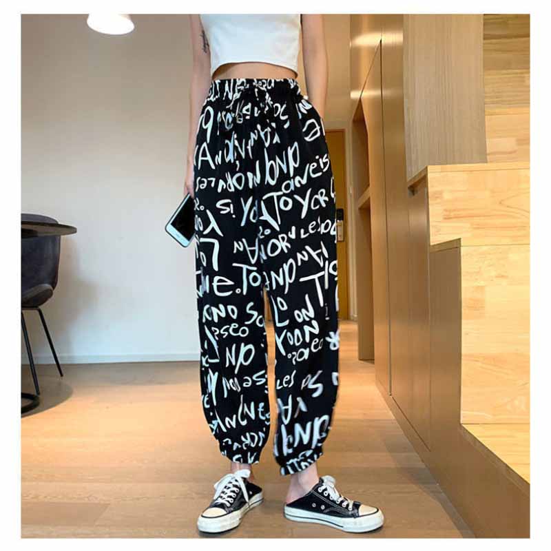 Sports Chiffon Casual Pants Women's Summer Letters Print Harlan Elastic Waist Loose Drawstring Lantern Pants