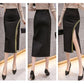 Half-length Skirt Female Summer Mid-length Bright Silk Stitching High Waist Bag Hip Skirt Black Professional Split One-step Skirt