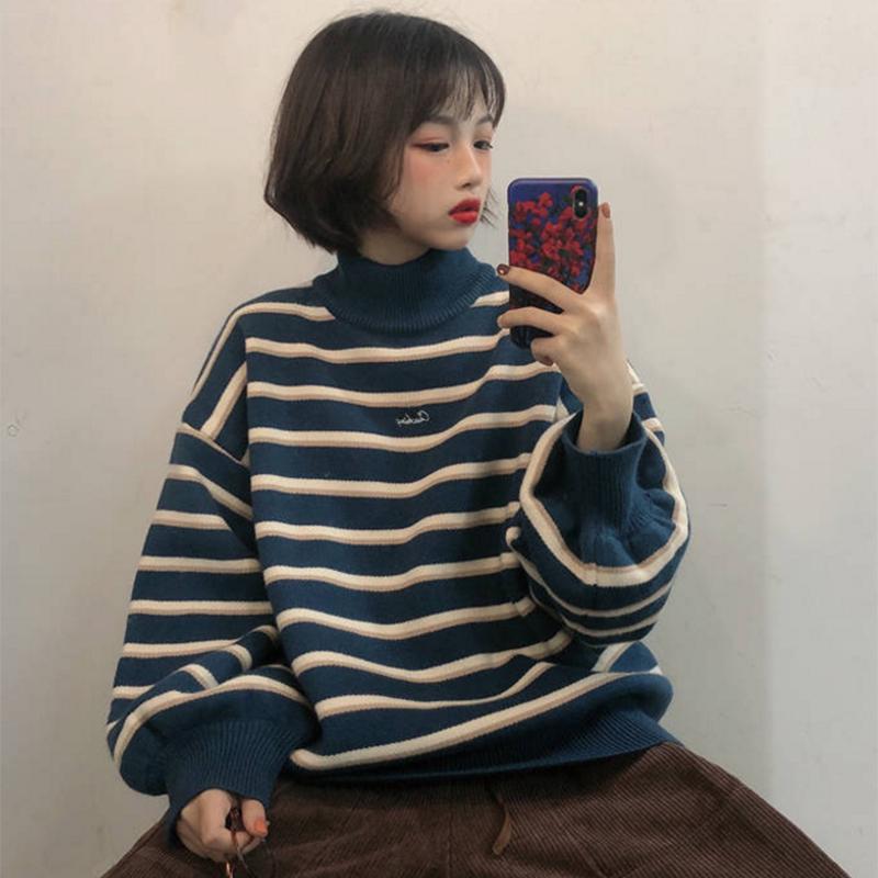 Striped knit jacket coat Thick color-matching turtleneck female student lazy wind loose pullover