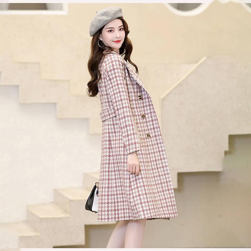 Women's Jackets & Coats Med-long Plaid Wool & Blends Coat Turn-down Collar Solid Cotton-padded Parka