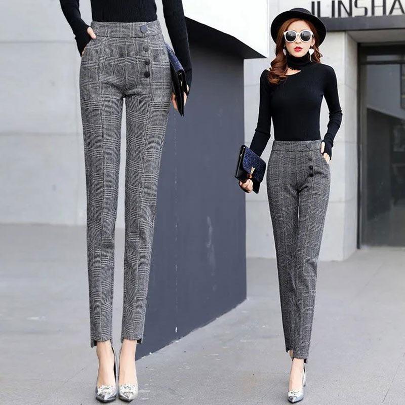 Spring and Summer Plaid Pants Korean Casual Pants Trousers Feet Harem Pants Women Are Thin Straight Loose Large Size Thin Section