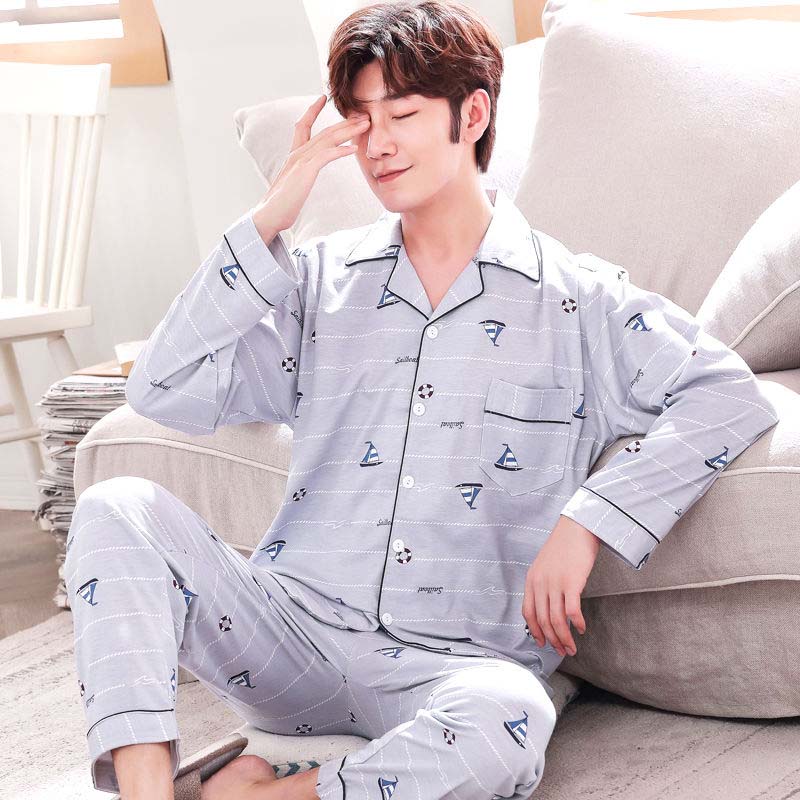 Spring and Autumn Men's Cotton Pajamas Set Home Casual Wear