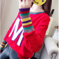 Letter Printed Sweater Women's Casual Striped Stitching Sleeve Pullover Sweater Autumn and Winter Students Loose Knit Top Outer Wear