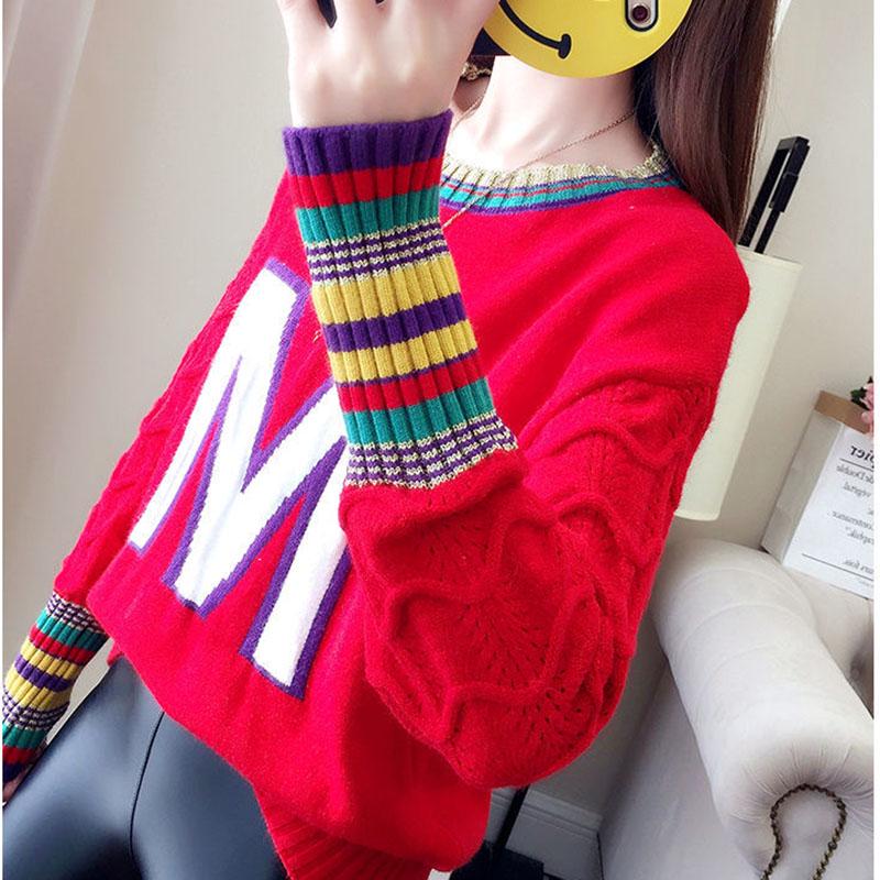 Letter Printed Sweater Women's Casual Striped Stitching Sleeve Pullover Sweater Autumn and Winter Students Loose Knit Top Outer Wear