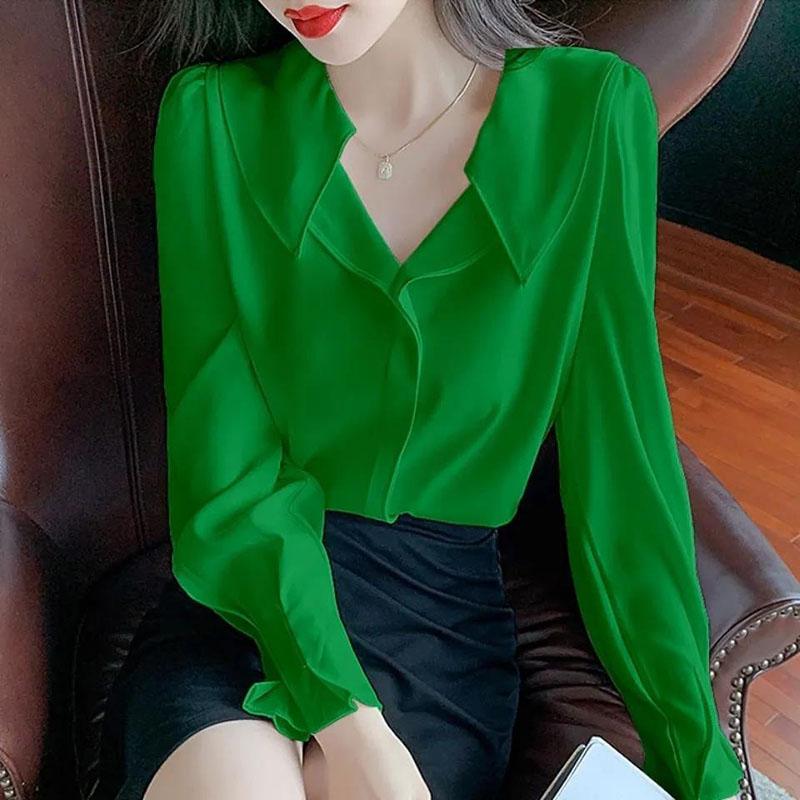 Women's Spring and Autumn Long Sleeve Shirt Chiffon Solid Color Top