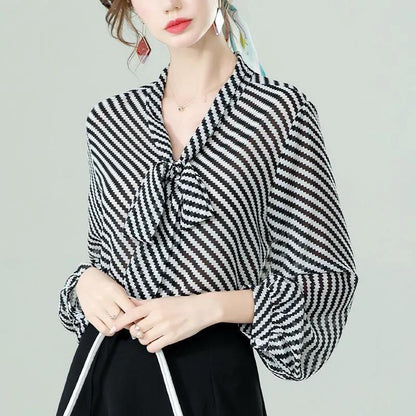 Chiffon Shirt Women's Spring and Autumn Long Sleeve Striped Bow Top
