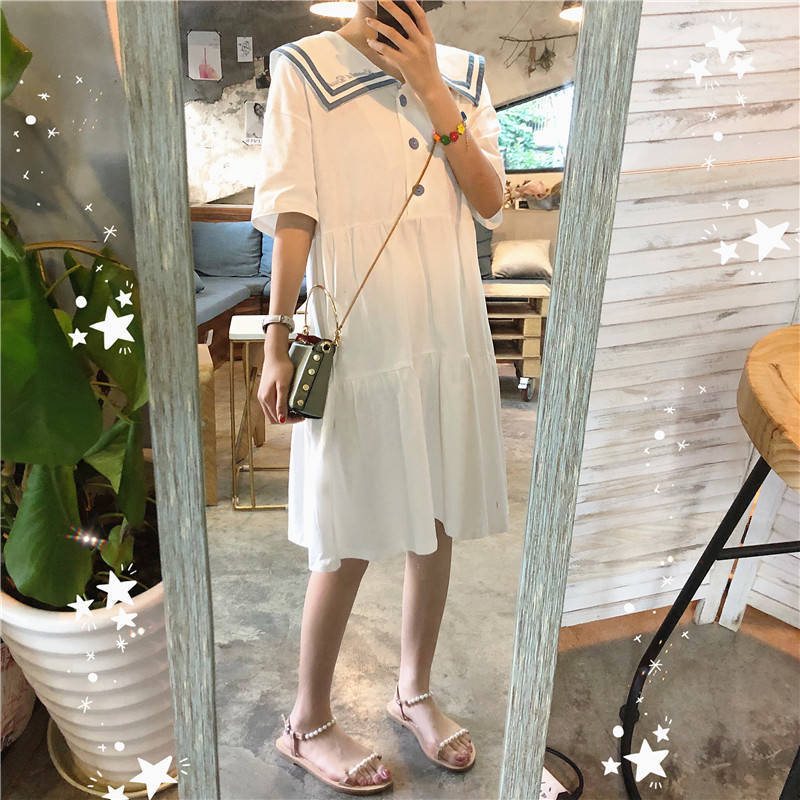 Sailor Suit  Cute Sweet Girl Ruffle College Style Age Reduction Looser  Short Sleeve Dress