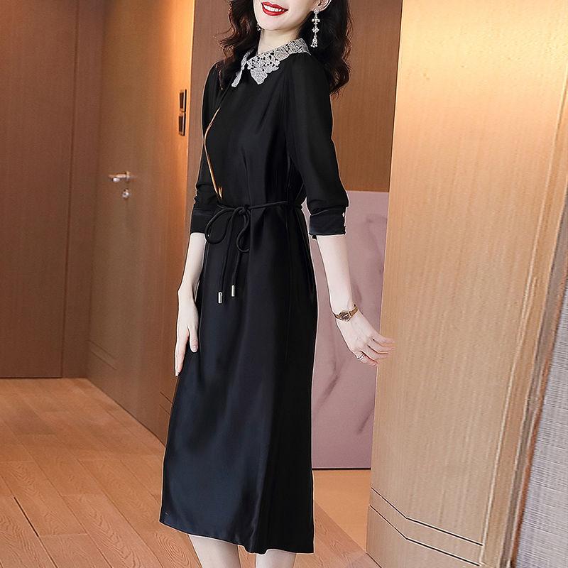 Plus Size M-XXXXL Summer Silky Satin Ladies Dress Over-the-knee Stand-collar Dress Free Belts of The Same Color