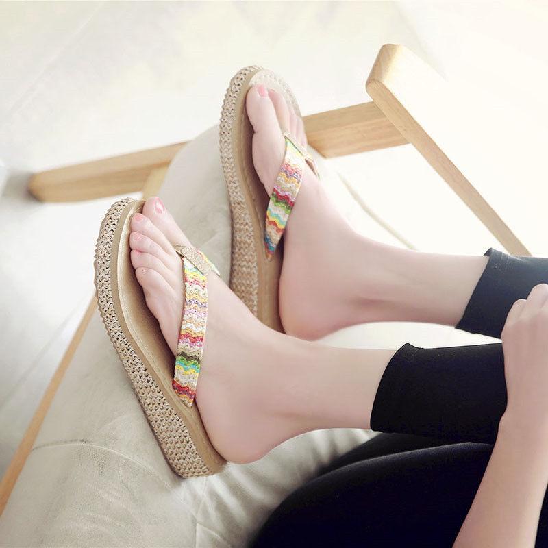 Slippers Female Summer Wear Thick Bottom Flip Flops Ladies Anti-skid Clip Feet Increase Seaside Beach Sandals and Slippers