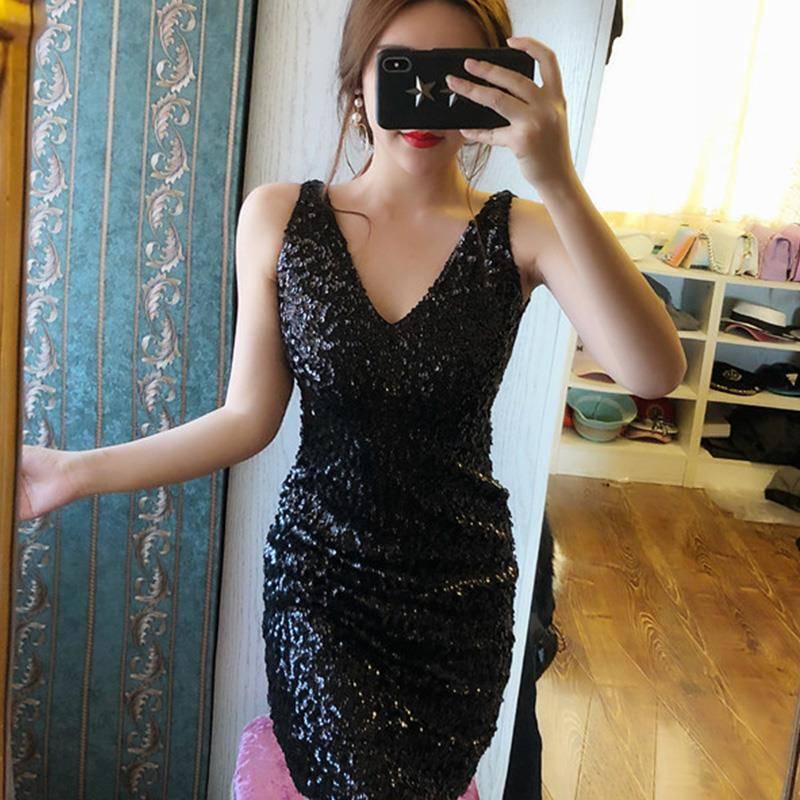 Dinner Female Sequin Dress Sexy V-neck Sleeveless Slim Fit Was Thin Pack Hip Bottoming Dress Dress