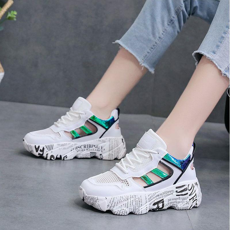 Spring  Summer Net Shoes Women's Wild Casual Breathable Sports Shoes Thick-soled Increased Shoes Non-slip Lace Running Shoes