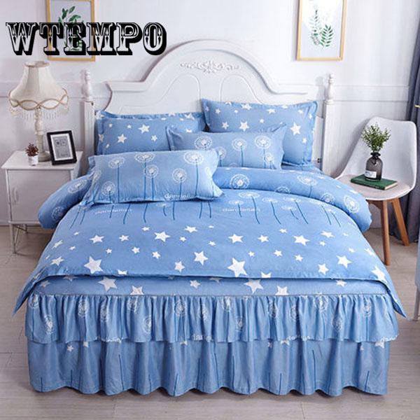 Bed Skirt Queen Size Single-Layer Skin-Friendly Cotton Bedspread 4PCs Set Includ