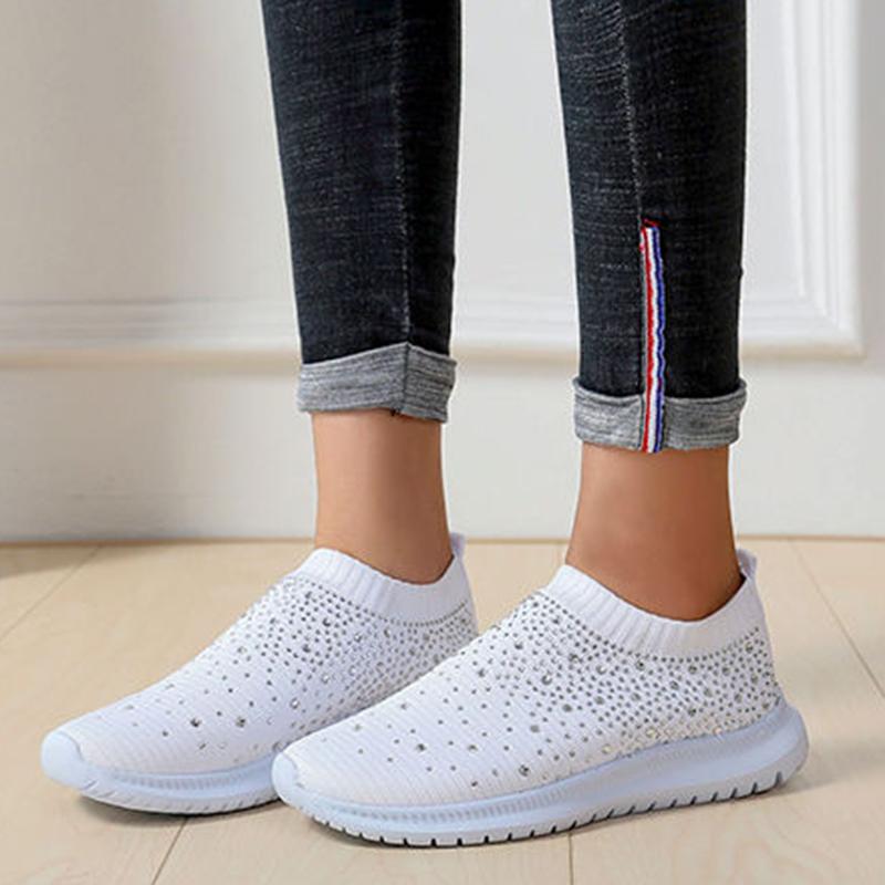 Women's Fashion Knitted Casual Shoes Sneakers Shiny Socks Slippers Breathable Mesh Crystal Sneakers Flat Soft Sole Women's Shoes