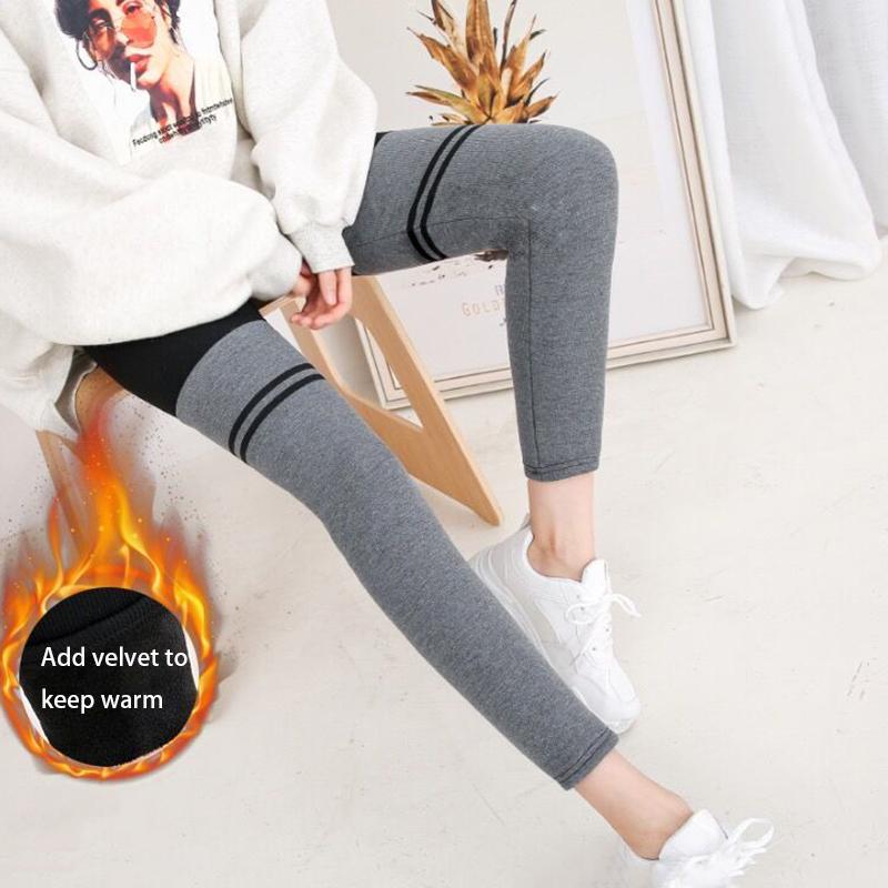 High-waist Stitching Contrast Color Leggings Women Wear All-match Thin Stretch Pants Plus Velvet Warm Cotton Trousers Sports Stretch Pants