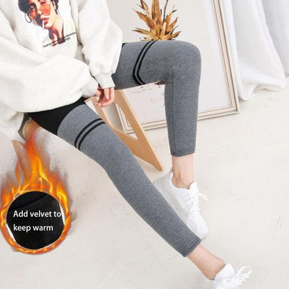 High-waist Stitching Contrast Color Leggings Women Wear All-match Thin Stretch Pants Plus Velvet Warm Cotton Trousers Sports Stretch Pants