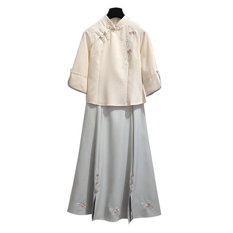 Female Han Chinese Clothing Suit Mandarin Collar Blouse Embroidered Skirt Suit