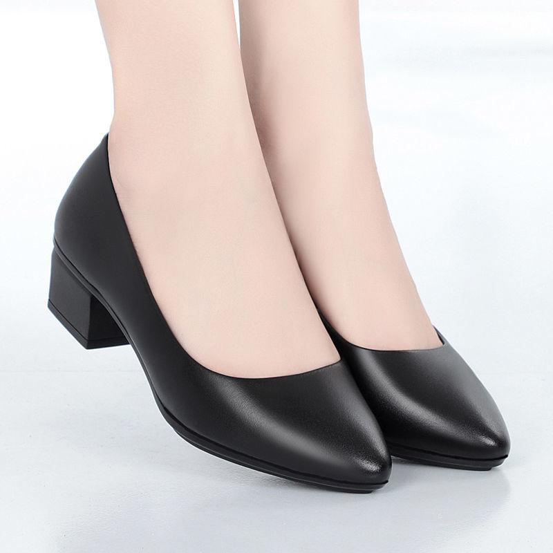 Soft Leather Shoes Women's Round Head Work Shoes Soft Bottom Thick with Comfortable Anti-skates Leather Shoes Black