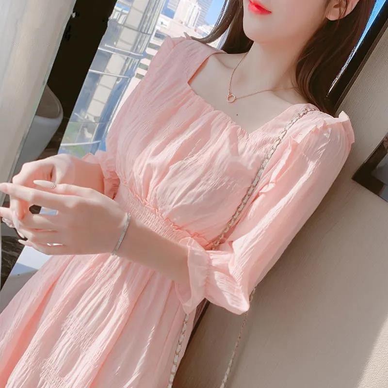 Women's Summer Dress Square Neck Slim Puff Sleeve Solid Color Skirt